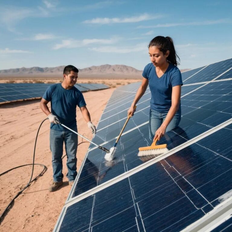 Technicians demonstrating best practices for solar panel cleaning in desert conditions