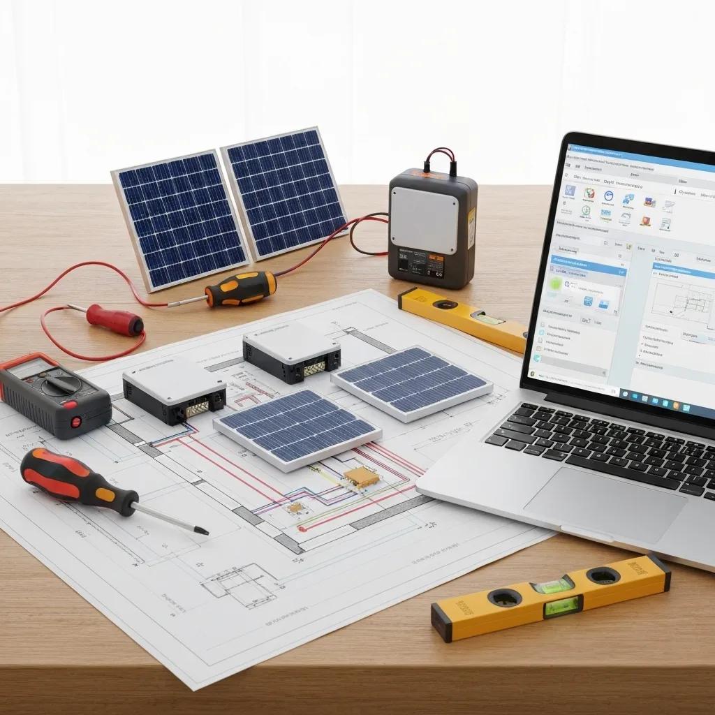 Components of solar system design including panels, inverters, and layout plans