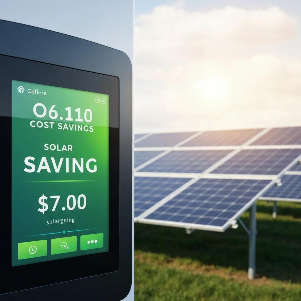 A close-up of a digital screen displaying cost savings from solar-powered EV charging, with solar panels in the background