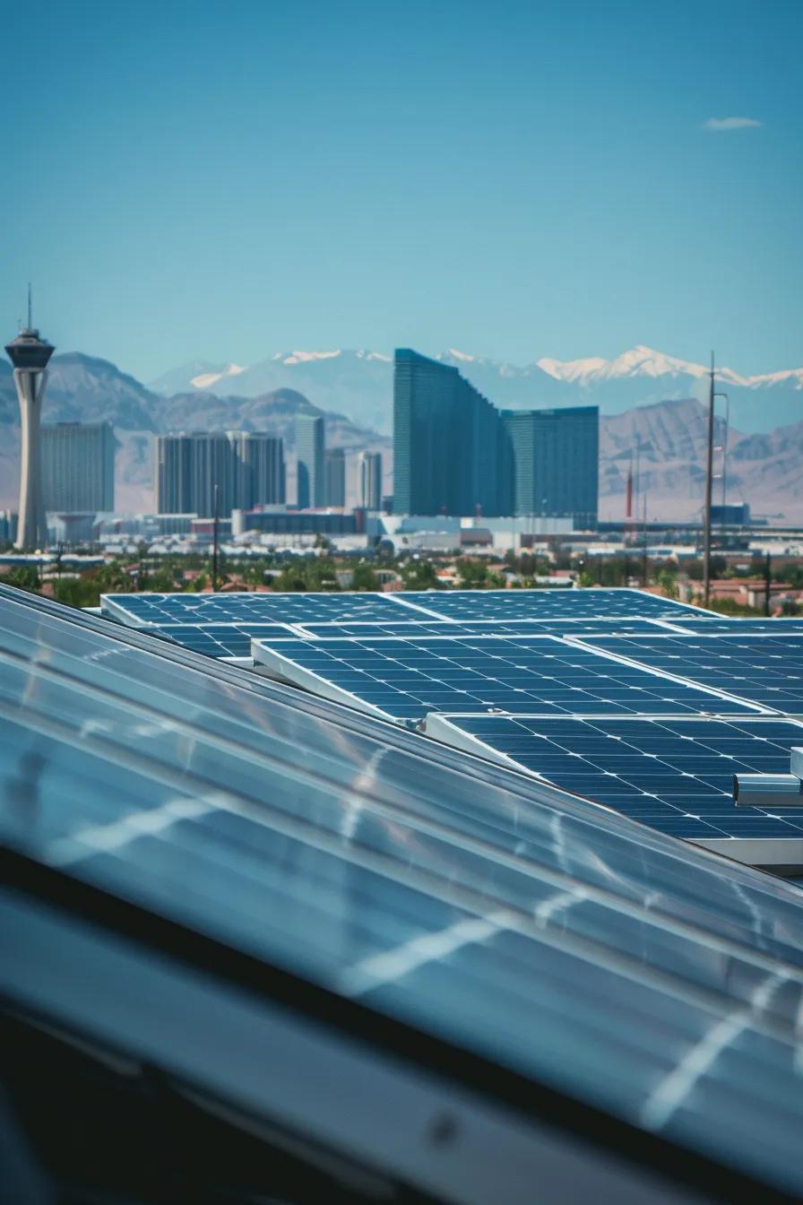 Close-up of solar panels on a rooftop with the Las Vegas skyline visible in the distance