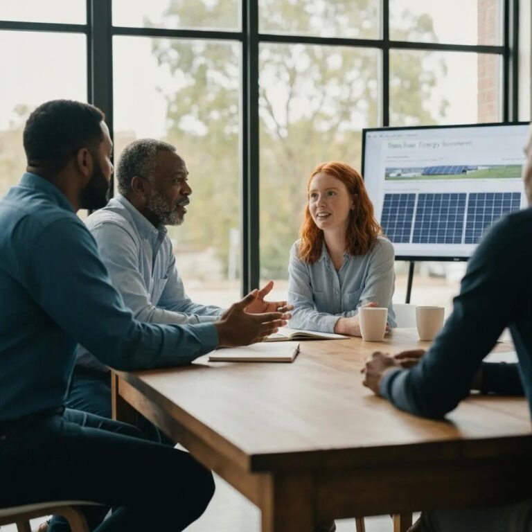 Business owner reviewing financial documents for solar incentives in a modern office
