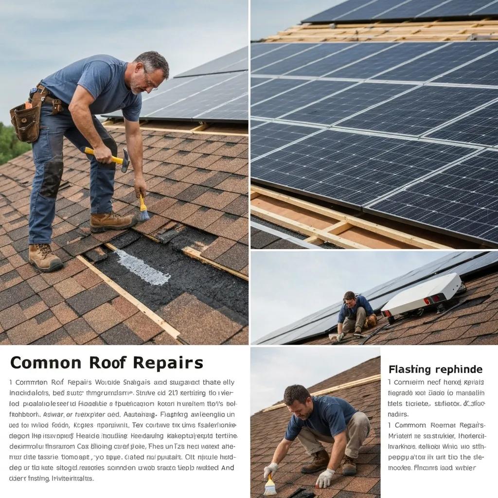 A worker diligently performing common roof repairs prior to solar panel installation, including replacing shingles and sealing leaks.