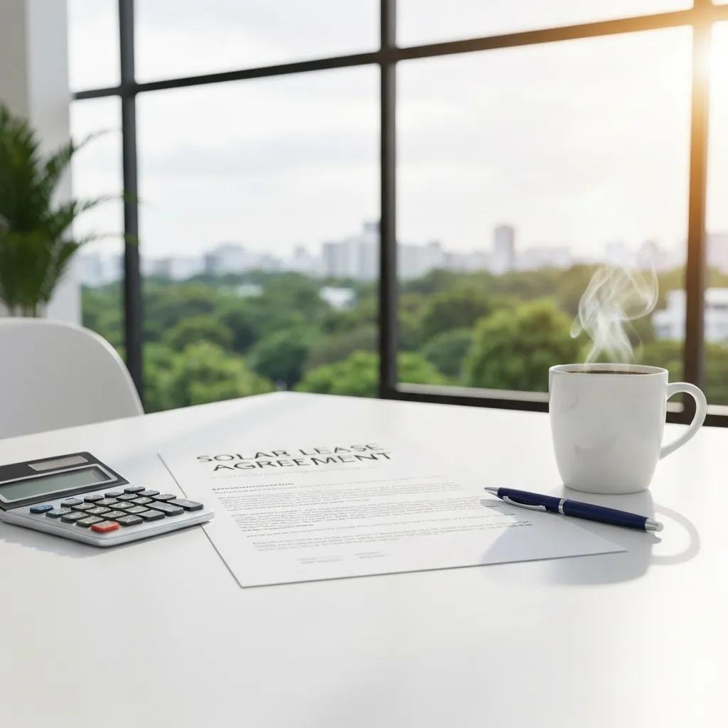 A solar lease agreement document laid out on a table with a calculator and a cup of coffee, symbolizing leasing options