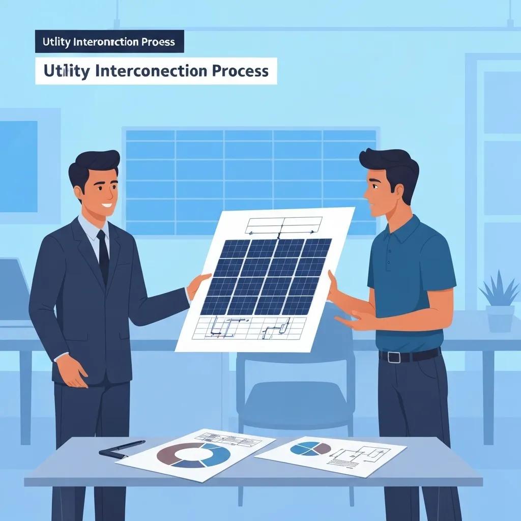 A technician consulting with a utility company representative about the interconnection process for solar systems at their office.