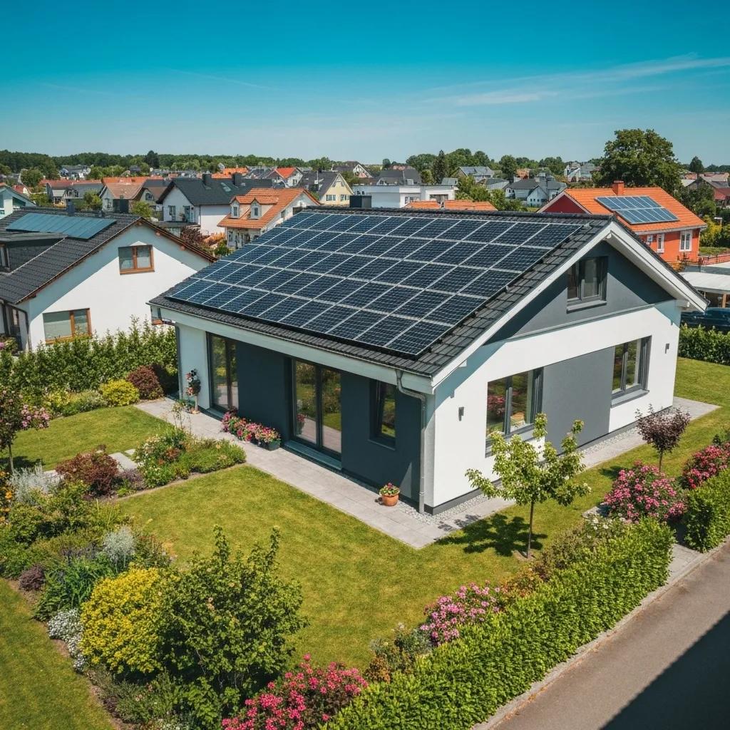 A beautiful home with solar panels installed, featuring a 'For Sale' sign, clearly demonstrating the enhanced property value that solar energy brings