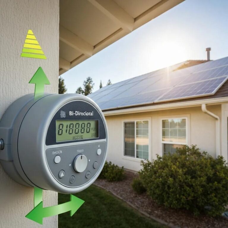 A bi-directional net meter shown in a residential setting, illustrating the two-way flow of energy between solar panels and the utility grid