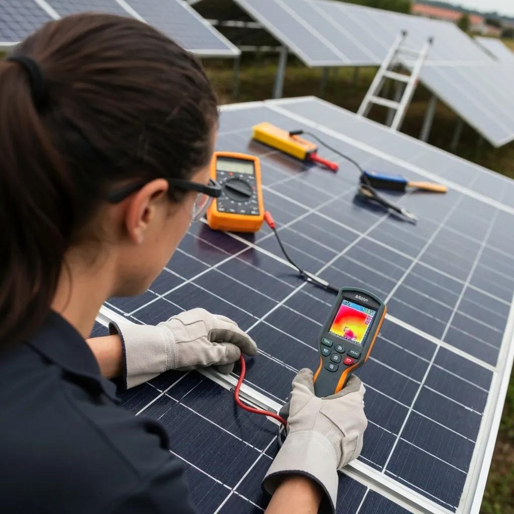 Technician using thermal camera for solar panel inspection, showcasing maintenance benefits