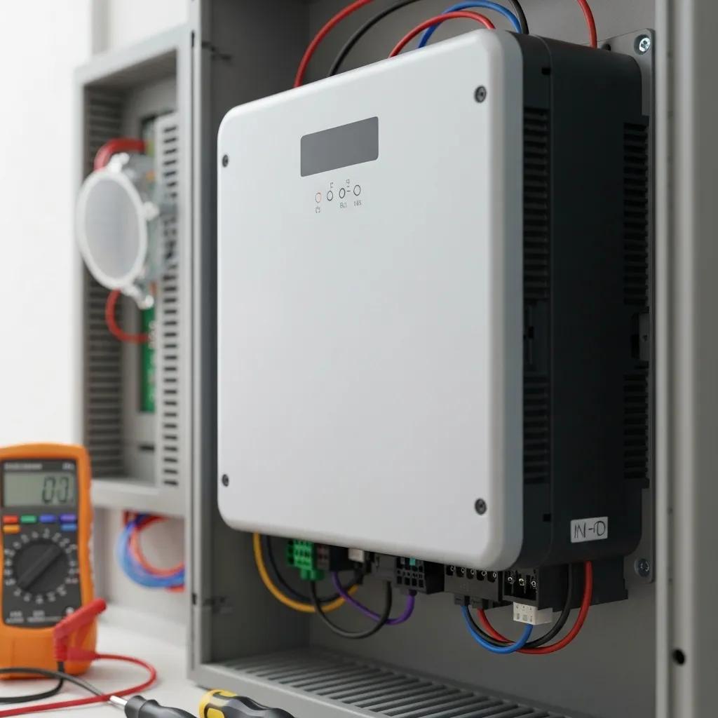 Close-up of a solar inverter, highlighting its connections and its vital role in converting solar energy during system activation