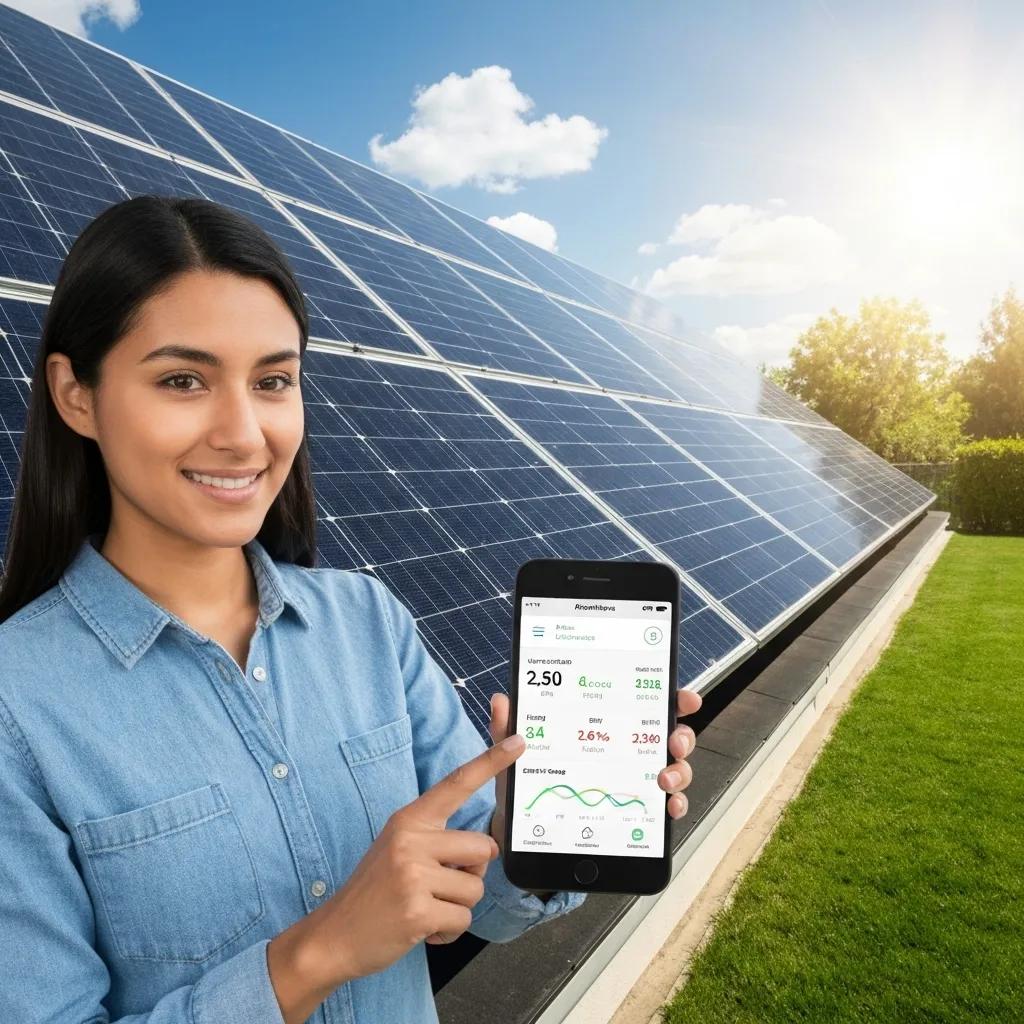 A homeowner happily checking their solar energy production on a smartphone app, with solar panels visible in the background