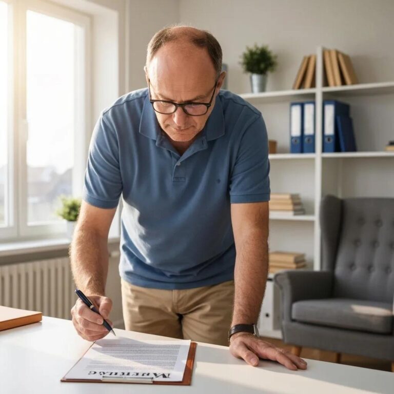 Homeowner preparing documents for a solar panel warranty claim in a home office