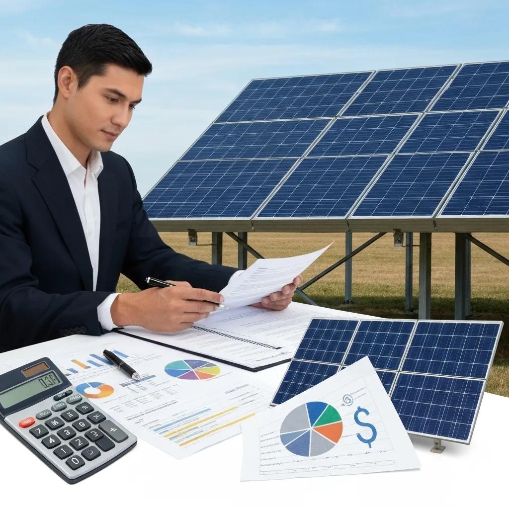 Business owner exploring solar incentives and tax credits with solar panels in the background