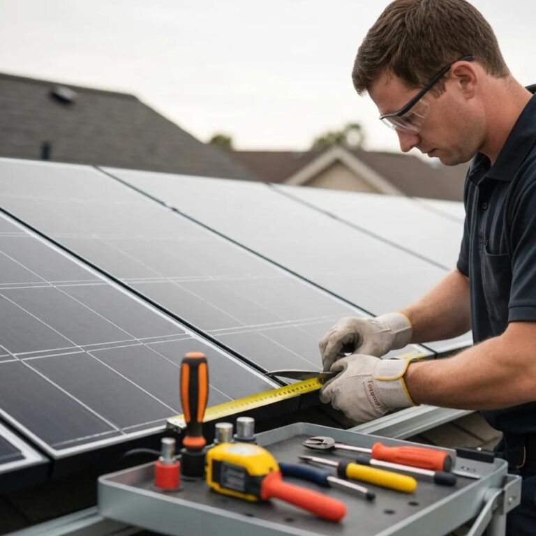 Technician measuring and cutting mesh for critter guard installation on solar panels