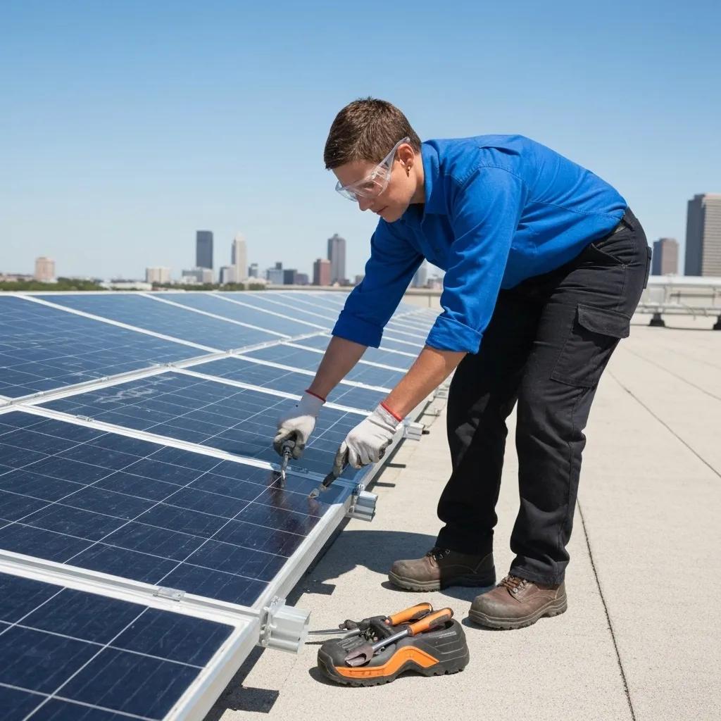 Technician performing maintenance on solar panels on a rooftop