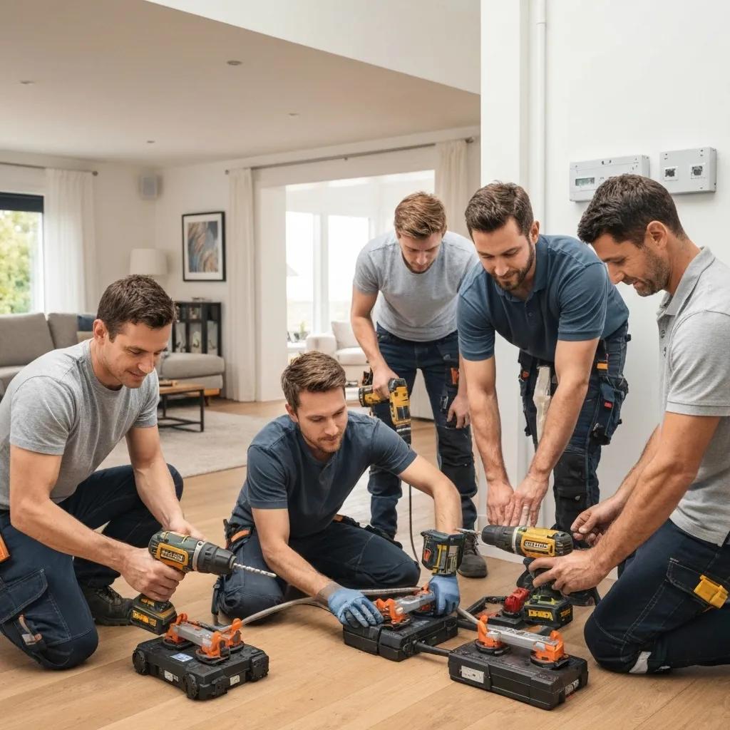 Skilled technicians carefully installing a home battery storage system, illustrating the professional installation process