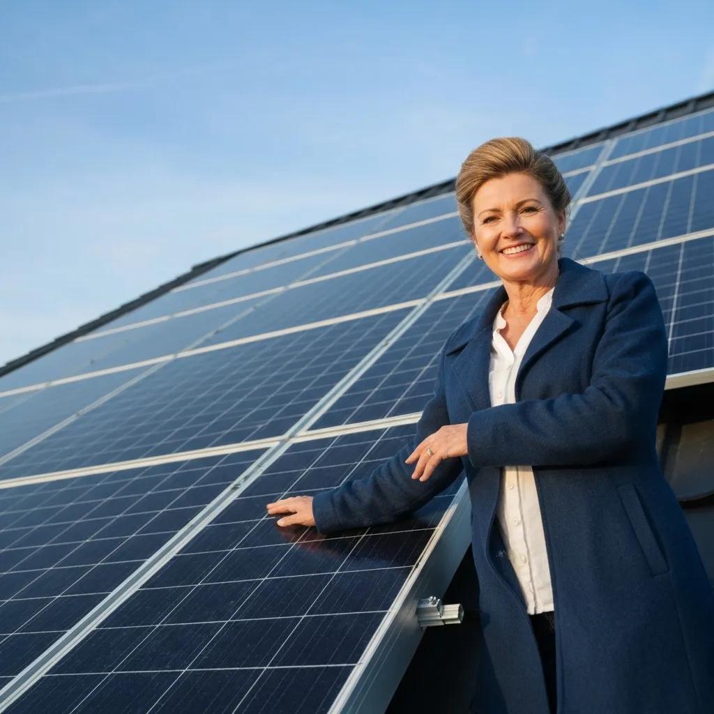 A homeowner proudly standing next to their newly installed solar panels, emphasizing ownership benefits