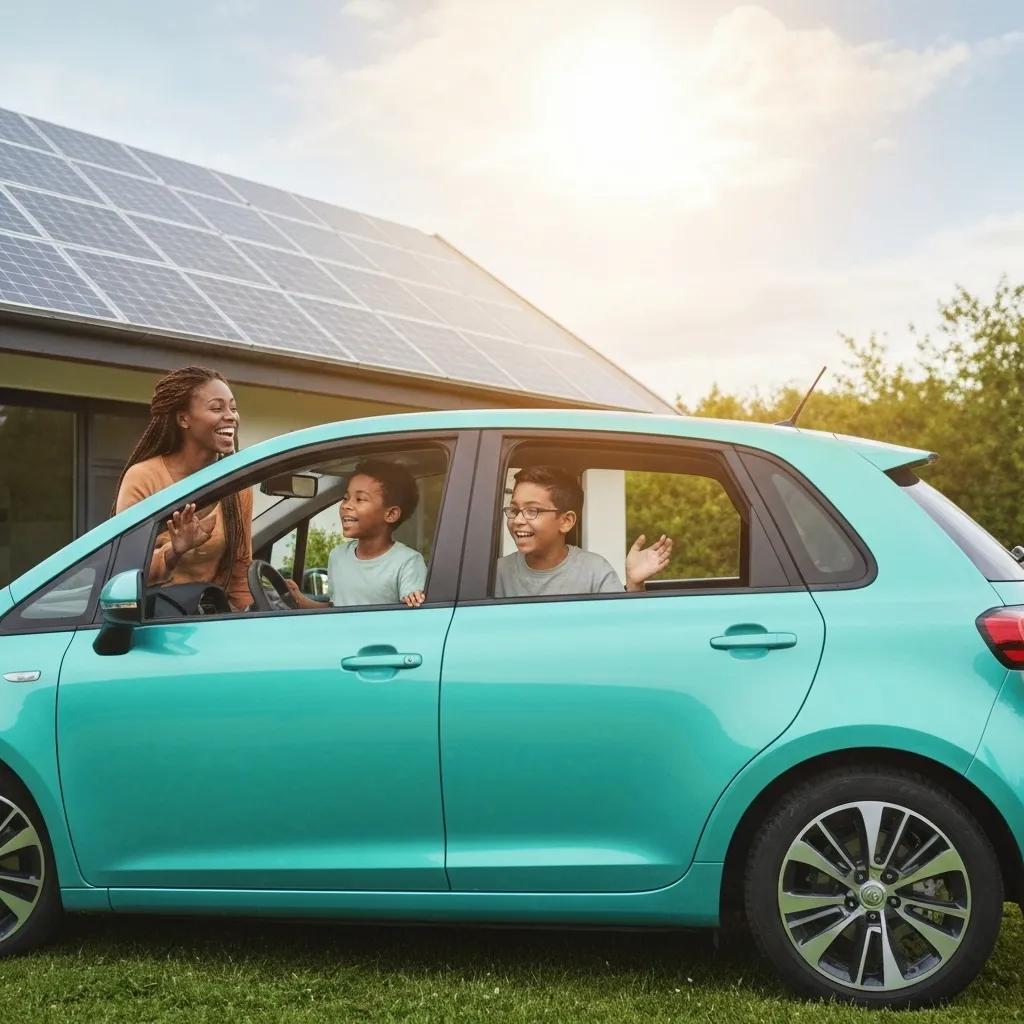 A happy family with their electric car, with solar panels visible on the roof of their home