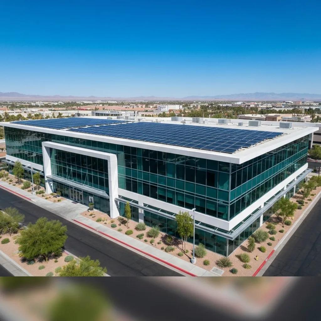 A commercial building in Las Vegas proudly displaying a large solar panel array on its rooftop.