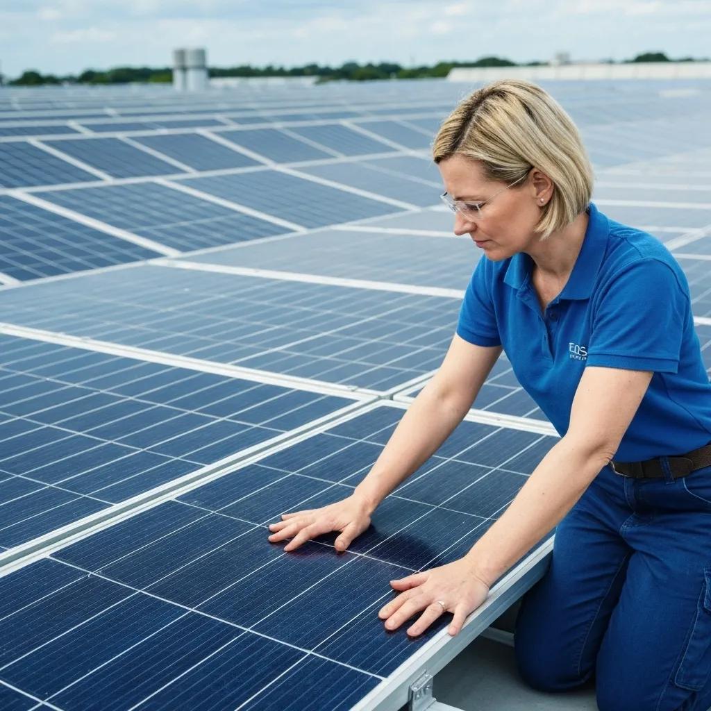 A technician performing a rooftop inspection of solar panels for predictive maintenance