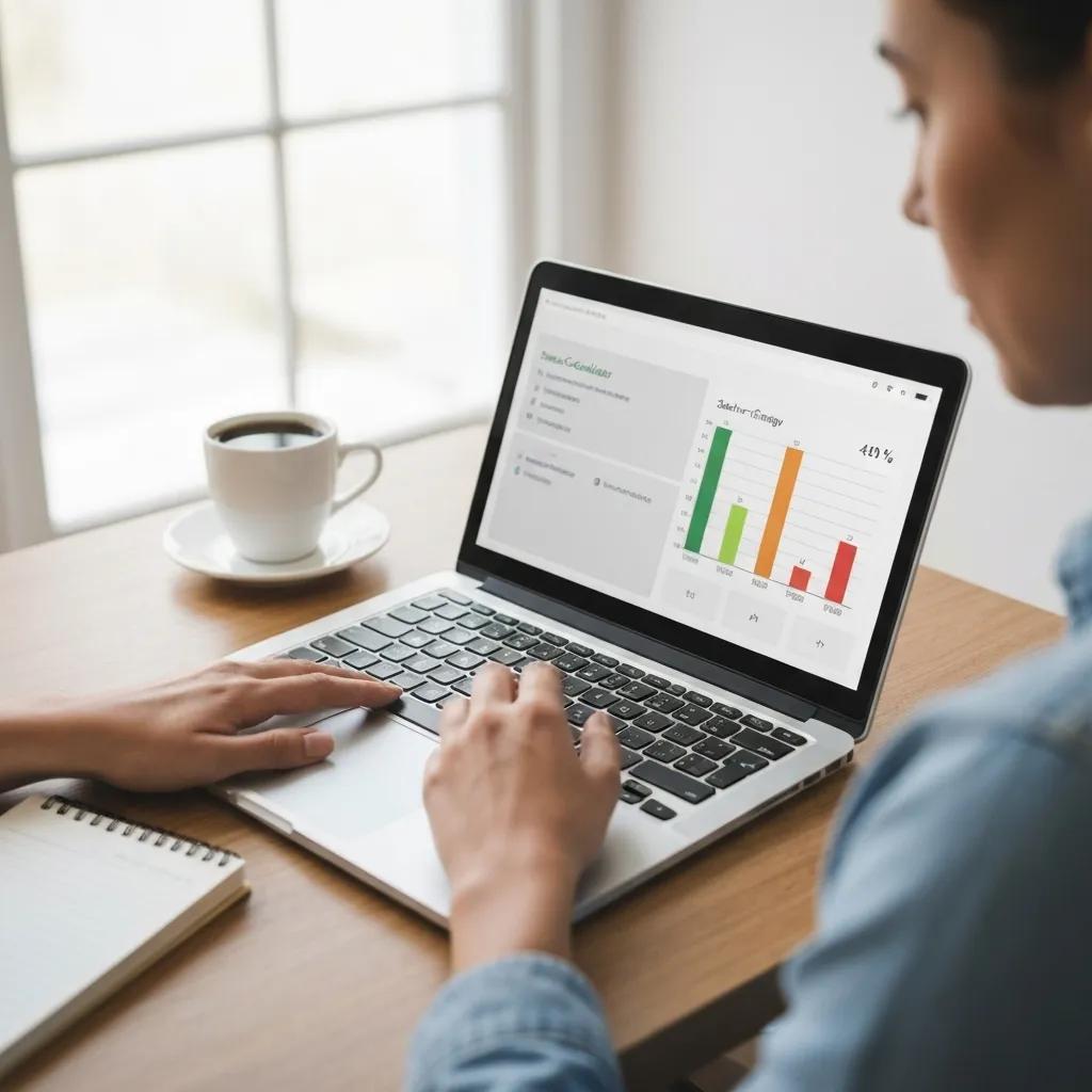 A person thoughtfully using a solar savings calculator on their laptop in a comfortable home office, symbolizing smart financial planning for solar energy adoption