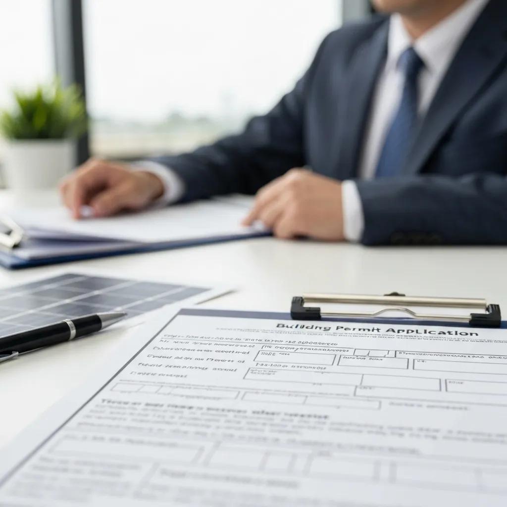 A close-up of a solar panel building permit application form being reviewed in a professional office setting, emphasizing the importance of the permitting process.