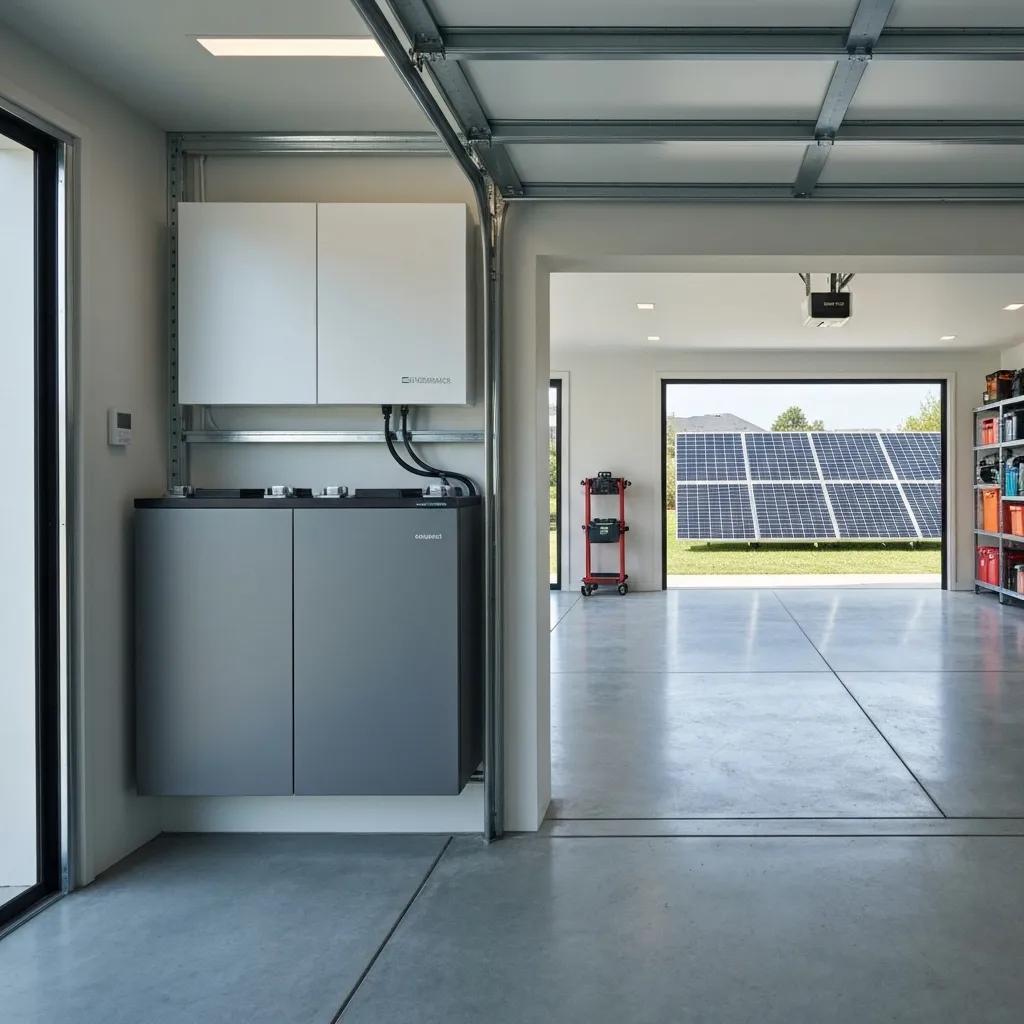 A modern home battery storage unit installed in a garage, with solar panels visible