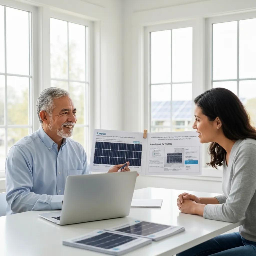 A consultant discusses solar financing options with a homeowner in a welcoming office environment