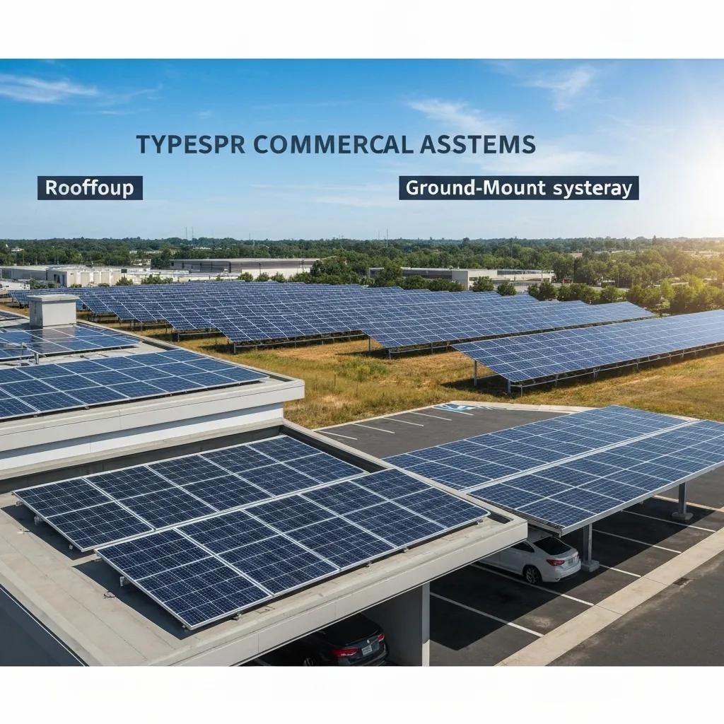 Illustration of rooftop, ground-mount, and solar carport solar panel systems
