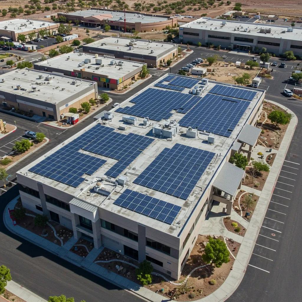 An impressive aerial view of a commercial building in Nevada, showcasing a large-scale solar panel installation on its roof