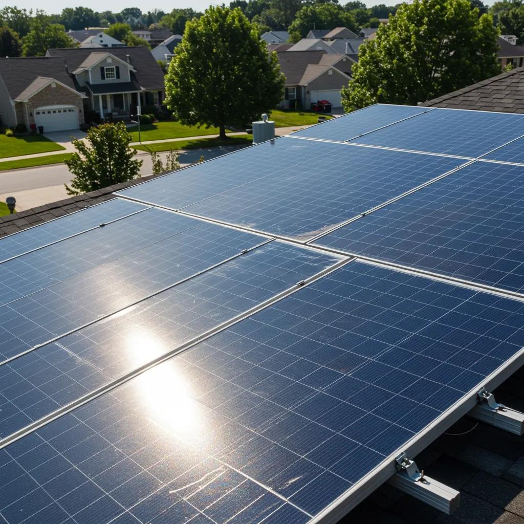 Close-up of solar panels on a residential roof in a suburban neighborhood