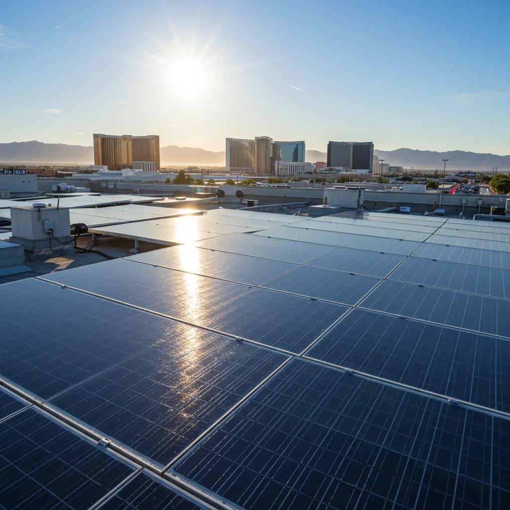 Commercial solar panel installation on a Las Vegas rooftop with skyline view