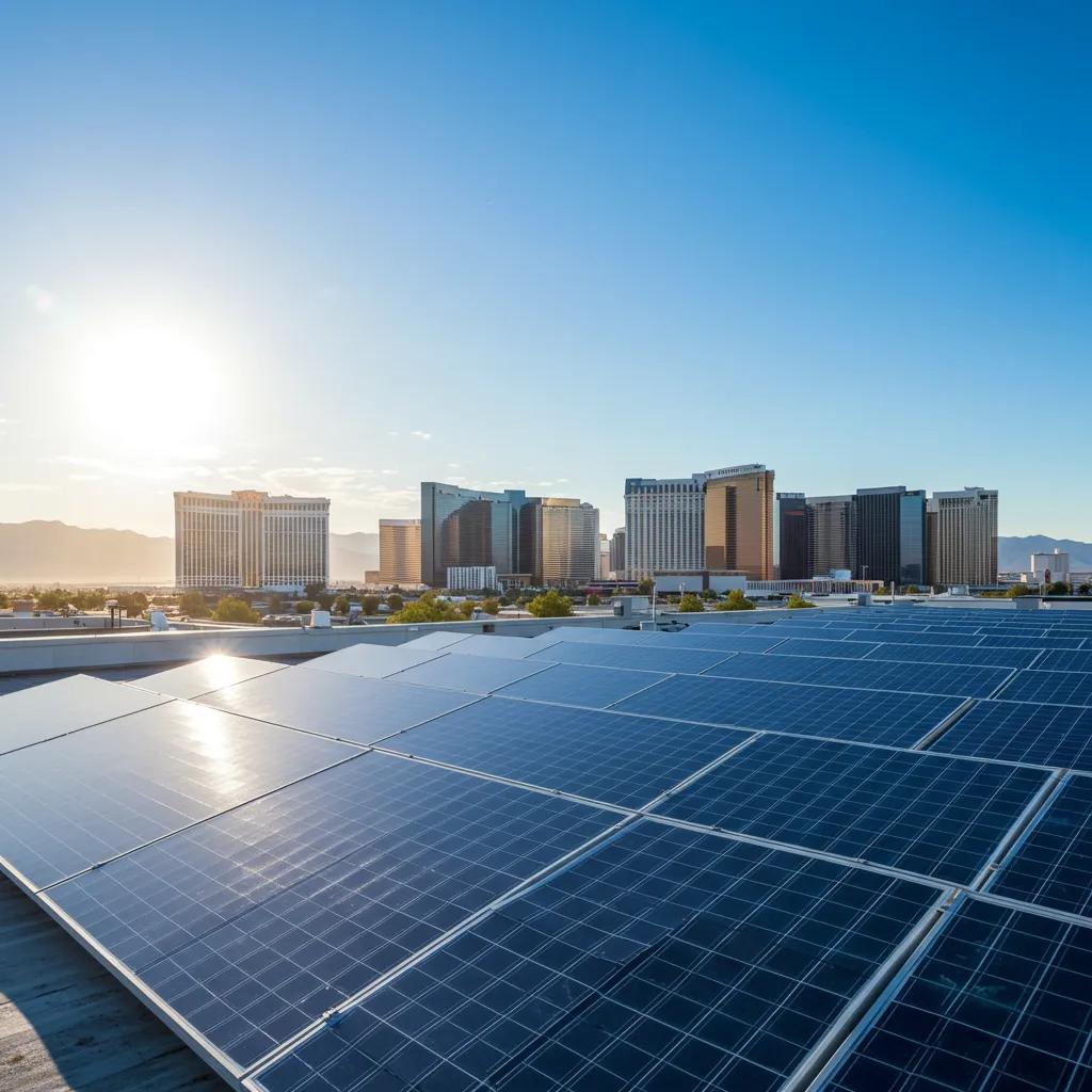 Commercial solar panel installation on a rooftop in Las Vegas, showcasing the benefits of solar energy for businesses