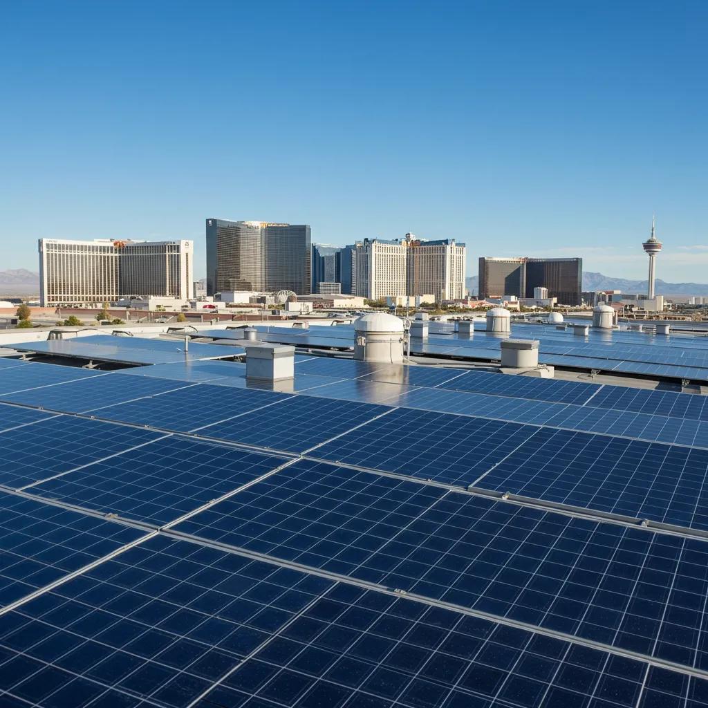 Commercial solar panels installed on a rooftop in Las Vegas, showcasing renewable energy solutions