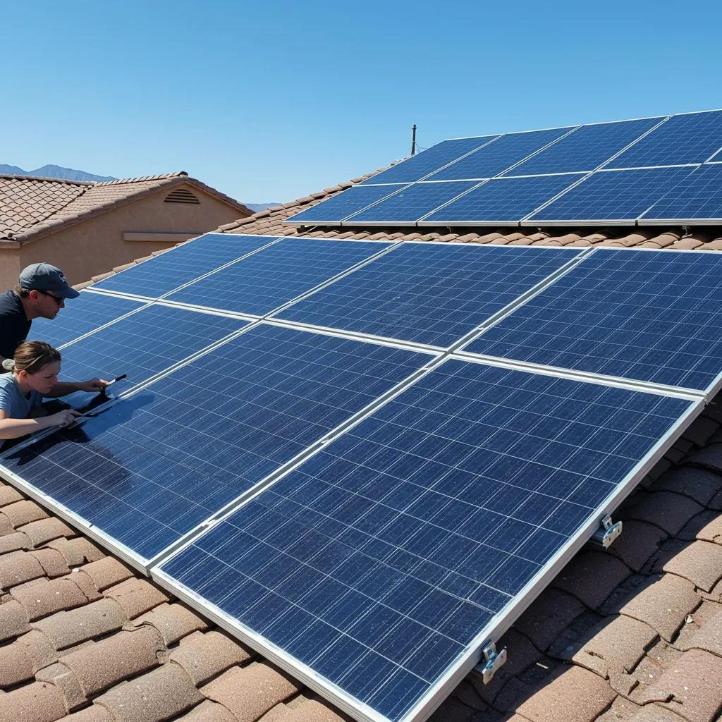DIY solar panel installation on a rooftop in Las Vegas under clear skies