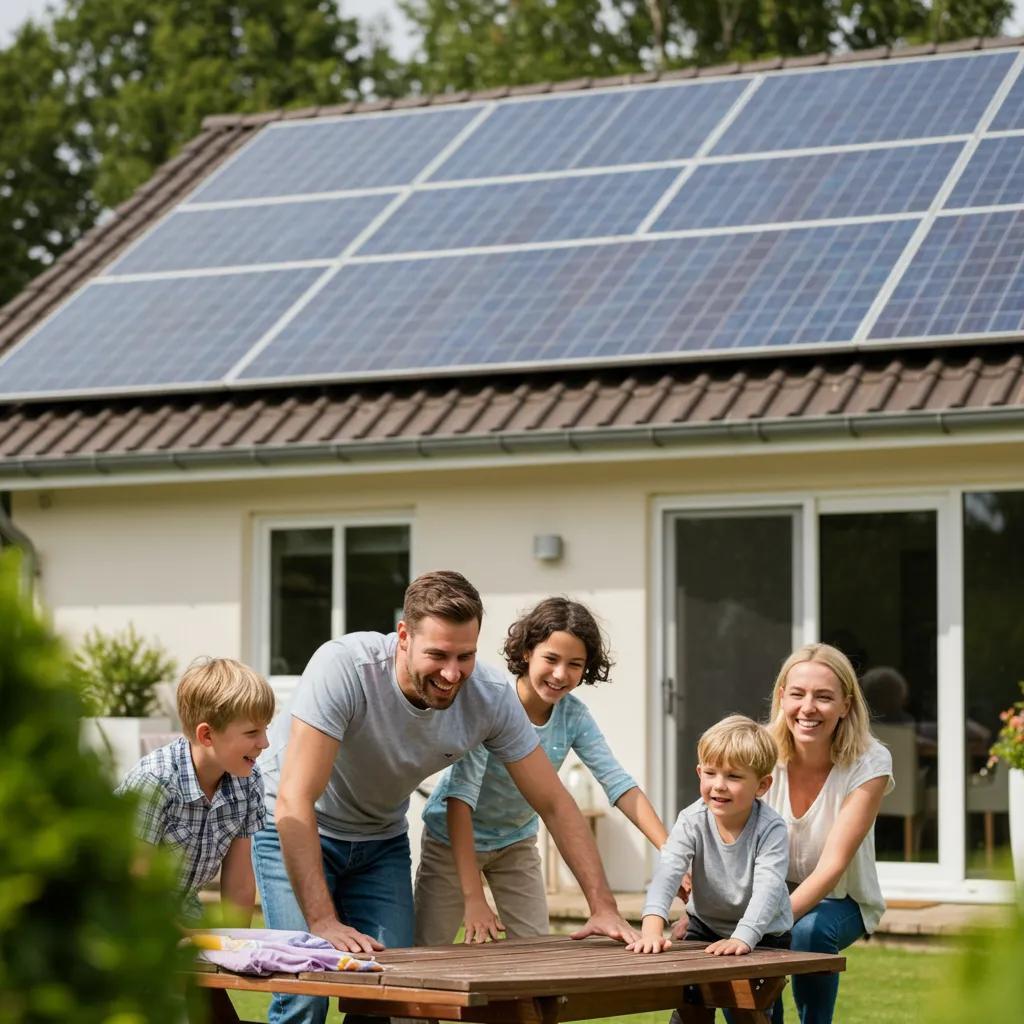 A happy family enjoying their Las Vegas home, with sleek solar panels visible on the roof