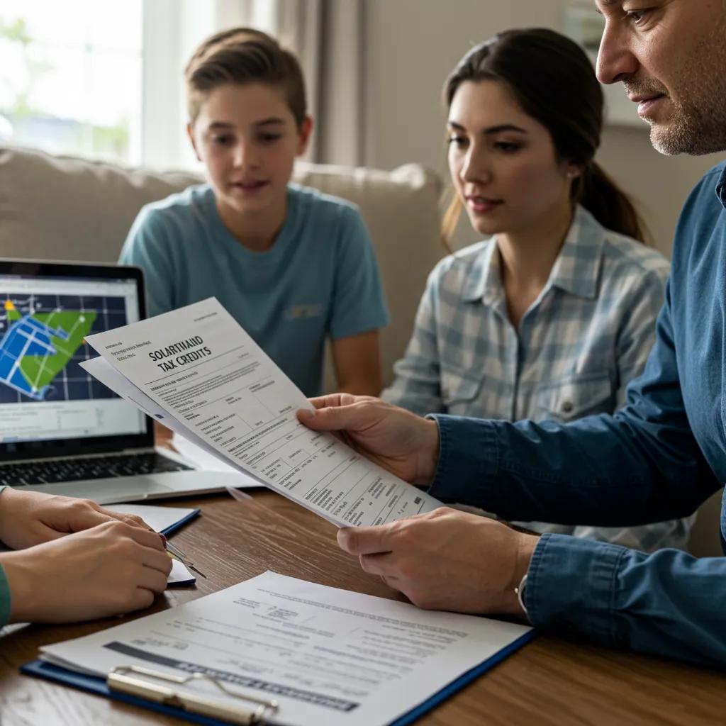 A family at home, reviewing documents for their solar installation, understanding their eligibility for valuable tax credits.