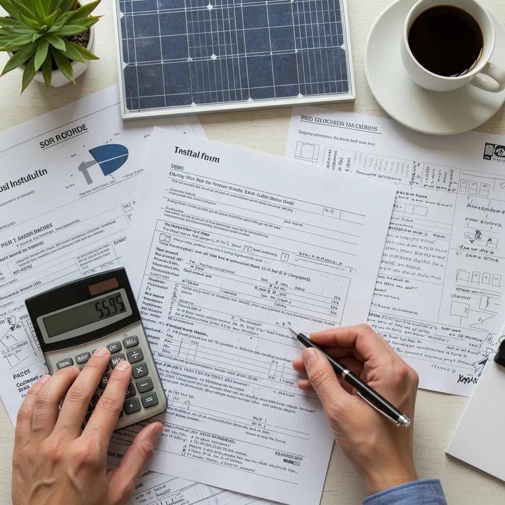 A hand confidently filling out IRS Form 5695 to claim solar tax credits, symbolizing a smooth and successful filing process