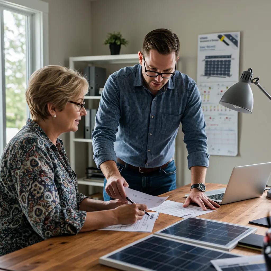 A homeowner discusses solar access laws and installation plans with a certified solar professional