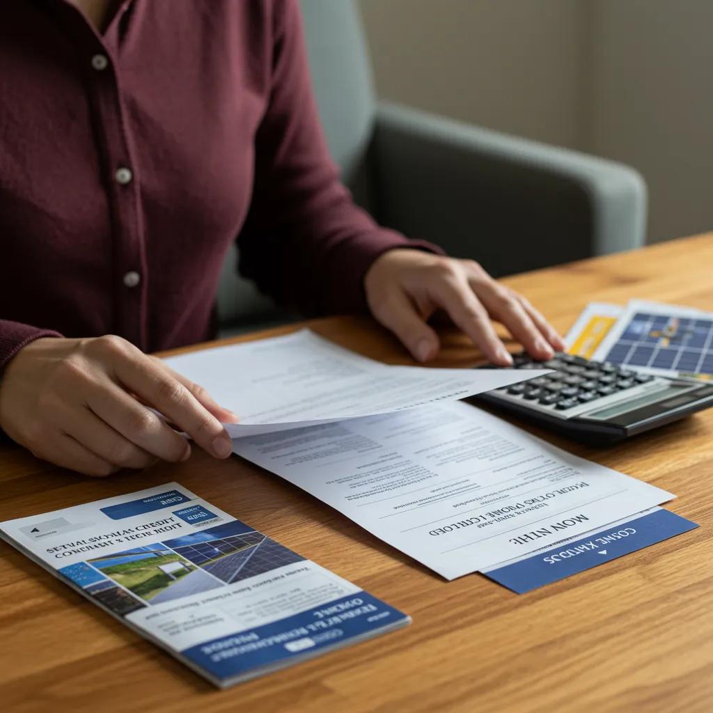 Homeowner reviewing documents and calculating savings related to the federal solar tax credit in a cozy home office