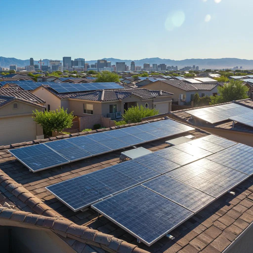 Las Vegas neighborhood with solar panels under bright sunlight