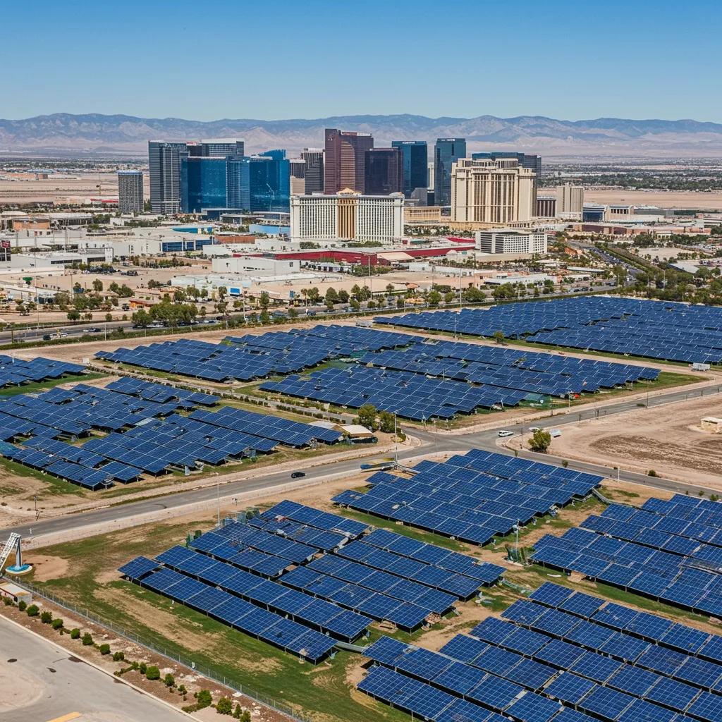 Solar panels gleaming on a Las Vegas rooftop, showcasing clean energy and a brighter future for our climate