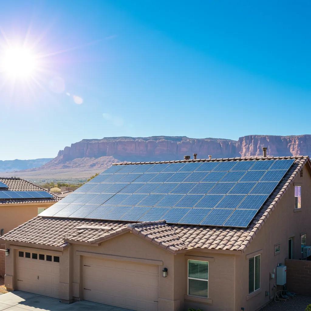 Modern home with solar panels under clear blue skies, emphasizing energy efficiency and sustainability