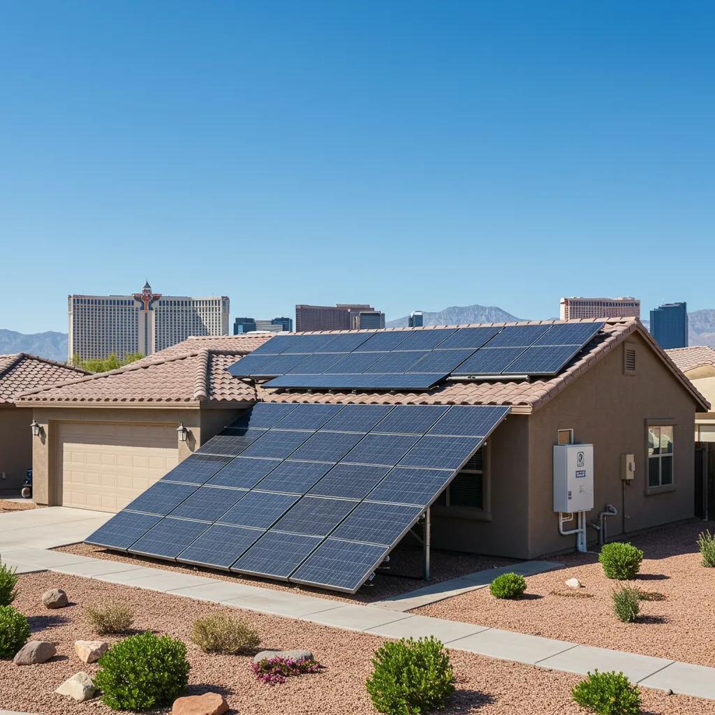 Modern Las Vegas home with solar panels and battery storage under clear blue skies