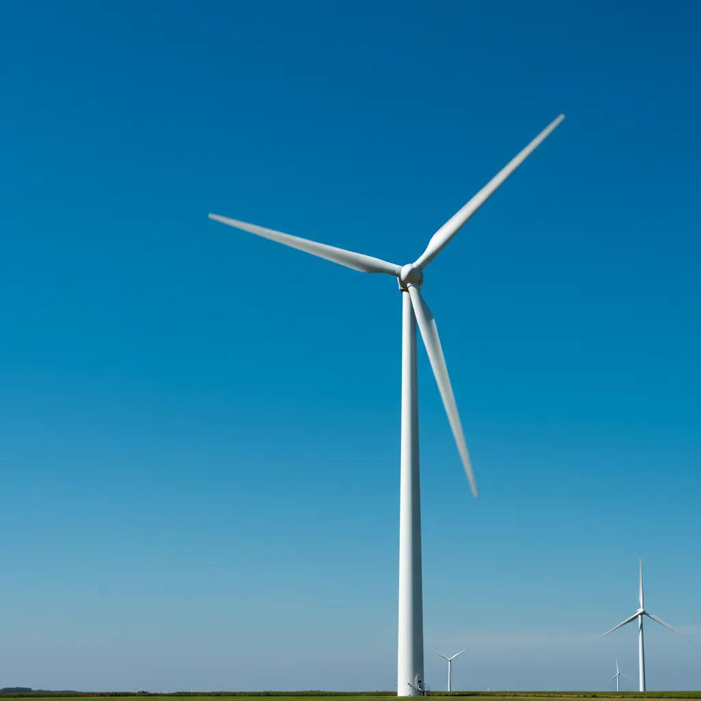 Modern wind turbine in a clear blue sky representing renewable energy technology
