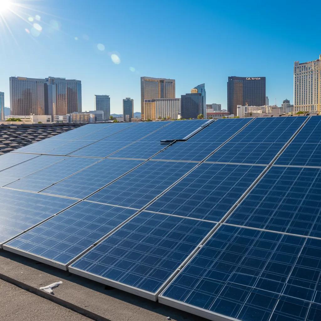 Monocrystalline solar panels on a Las Vegas home under bright sunlight