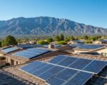 Nevada landscape with solar panels on rooftops under a clear blue sky