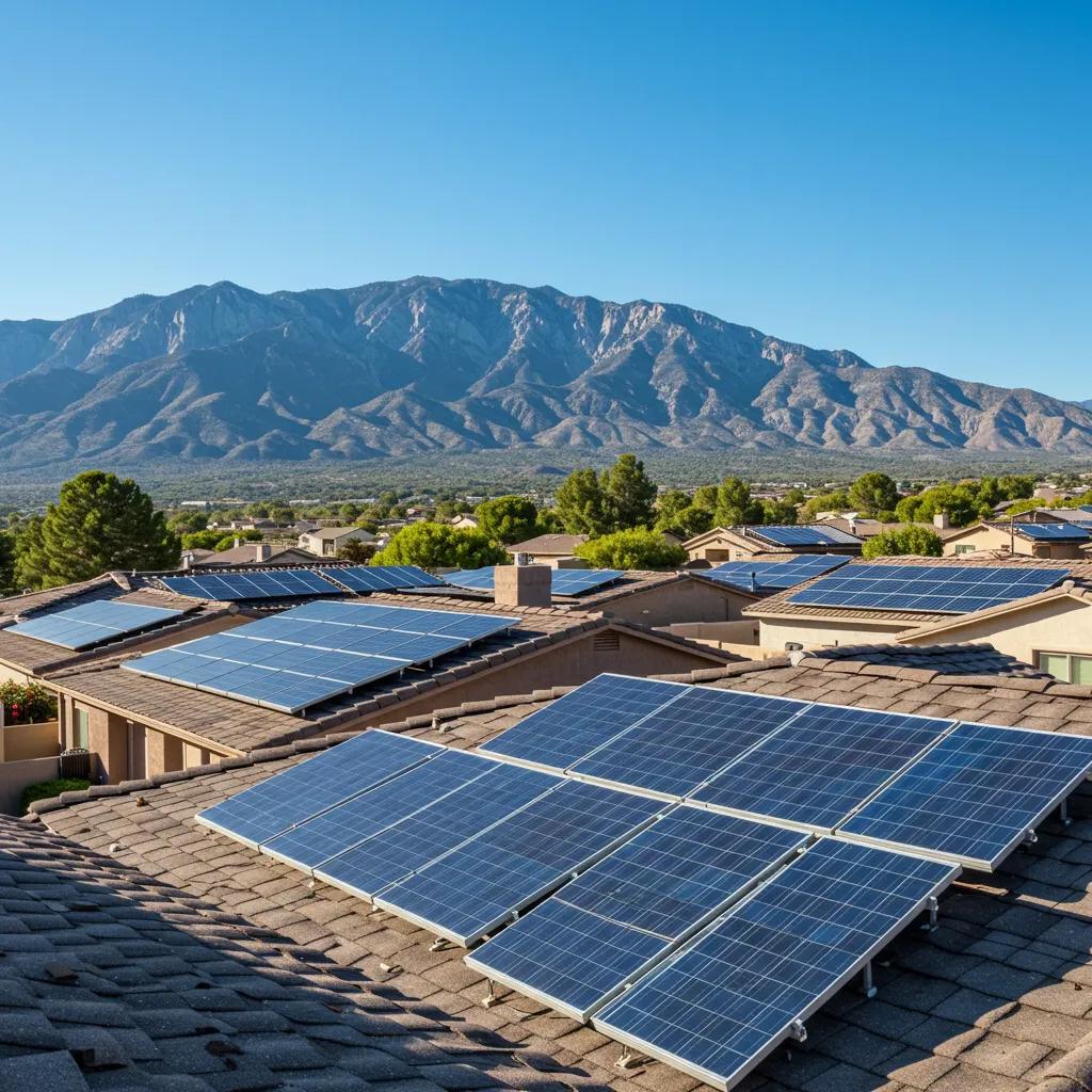 Nevada landscape with solar panels on rooftops under a clear blue sky