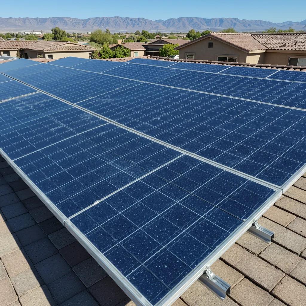 Polycrystalline solar panels on a Las Vegas rooftop under a clear blue sky