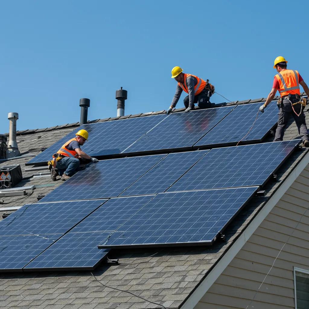 Professional solar panel installation on a residential roof with workers and clear blue sky