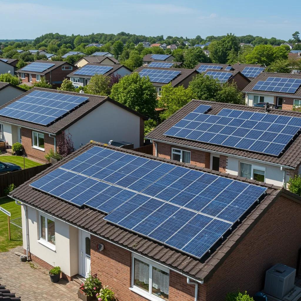 Residential neighborhood with solar panels under clear blue skies, highlighting solar energy benefits