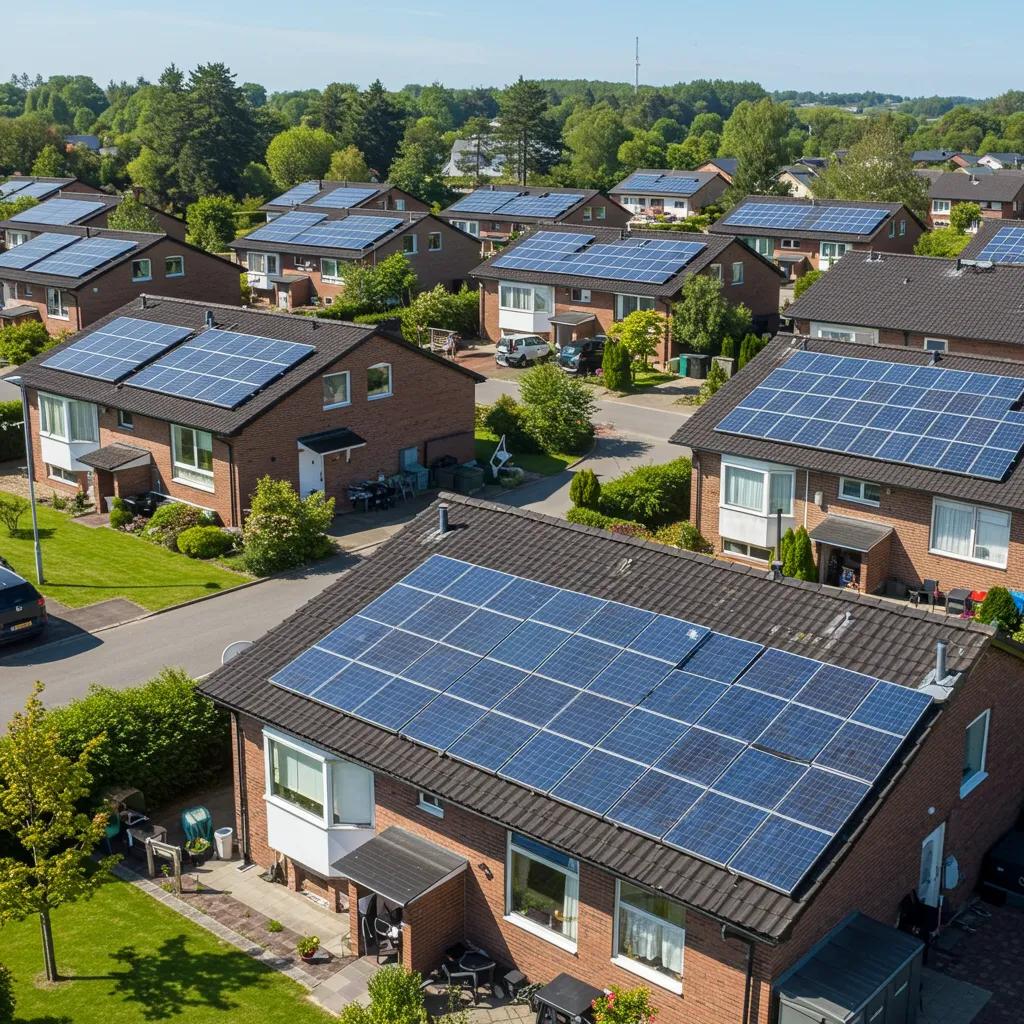 Residential neighborhood with solar panels under sunny skies, highlighting solar energy benefits